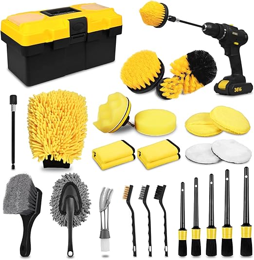27Pcs Car Detailing Kit, Car Detailing Brush Set, Auto Detailing Drill Brush Set, Car Detailing Brushes, Car Wash Kit, Car Accessories, Car Cleaning Tools Kit for Interior, Exterior, Wheels