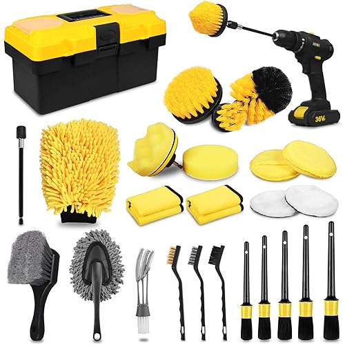 27Pcs Car Detailing Kit, Car Detailing Brush Set, Auto Detailing Drill Brush Set, Car Detailing Brushes, Car Wash Kit, Car Accessories, Car Cleaning Tools Kit for Interior, Exterior, Wheels