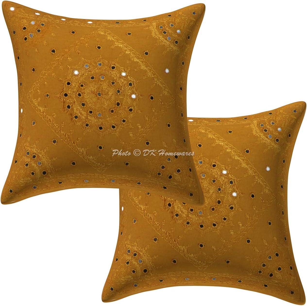 DK Homewares Cotton Jaipuri Mirror Embroidered Cushion Covers 40x40 Set of 2 Mustard Yellow Square Decorative Settee Sofa Diwan Cushion Covers 16 inch x 16 inch Pillow Cases