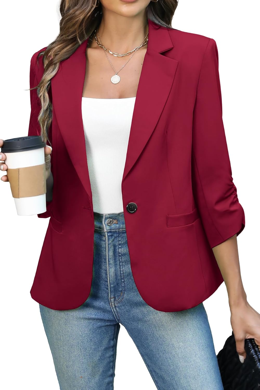 ELLEVEN women's ruched 3/4 sleeve blazer