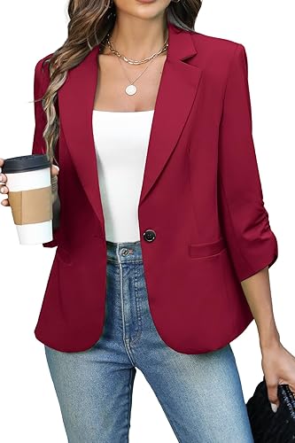 ELLEVEN Women's Ruched 3/4 Sleeve Blazers, Lightweight Slim Fit Jackets