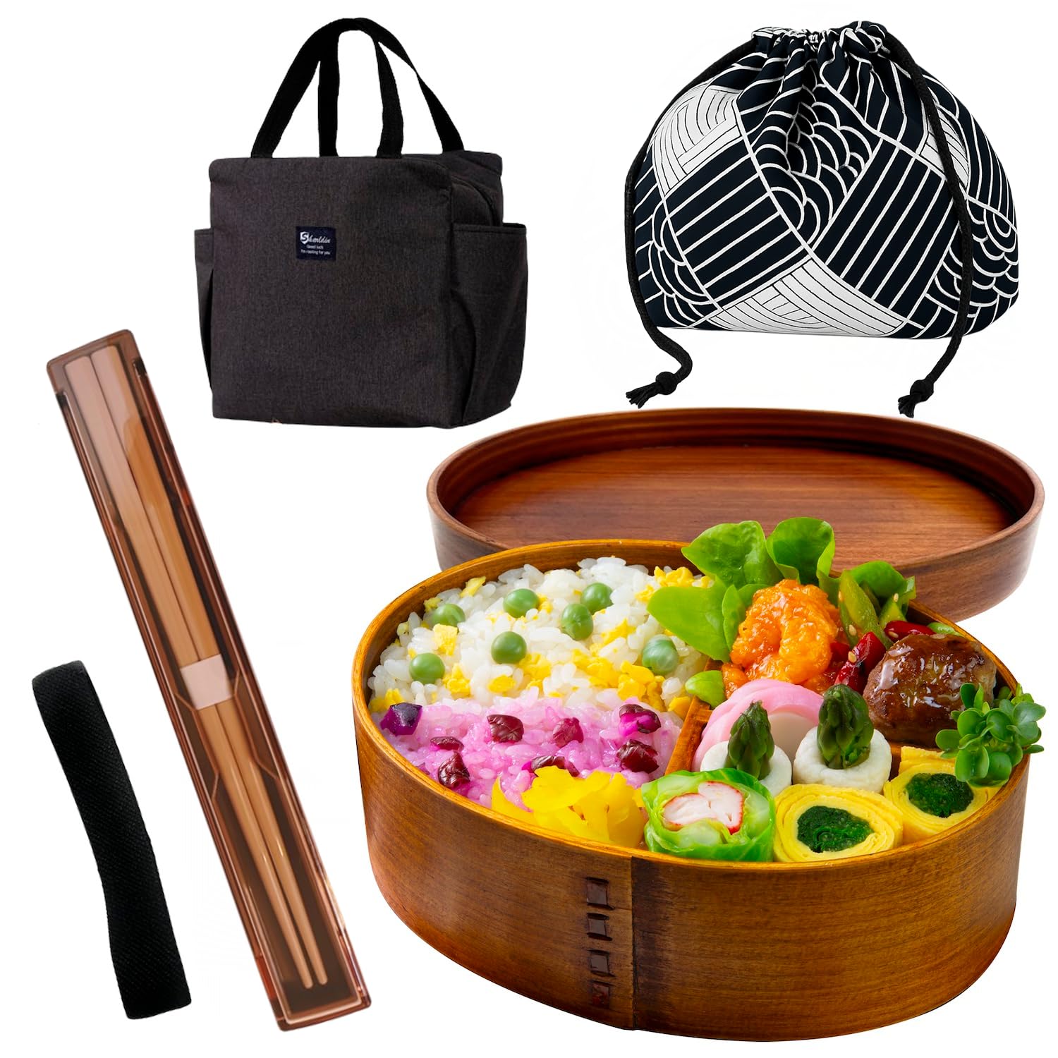 Magewappa Bento Box 5-Piece Set Chopsticks Bag Guide Cedar Wood 24oz