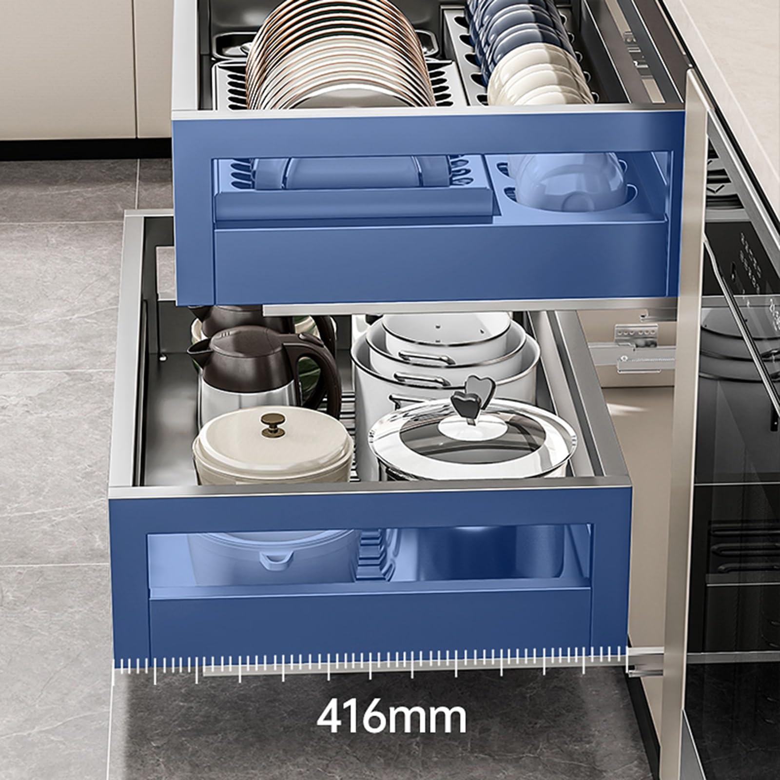 Genérico Wyjmowana szuflada organizator ze stali nierdzewnej na przybory kuchenne, z regulowanym miejscem na garnki i miski i tacą na wodę, 525 x 420 x 150 mm - Maksymalizuje przestrzeń i wydajność