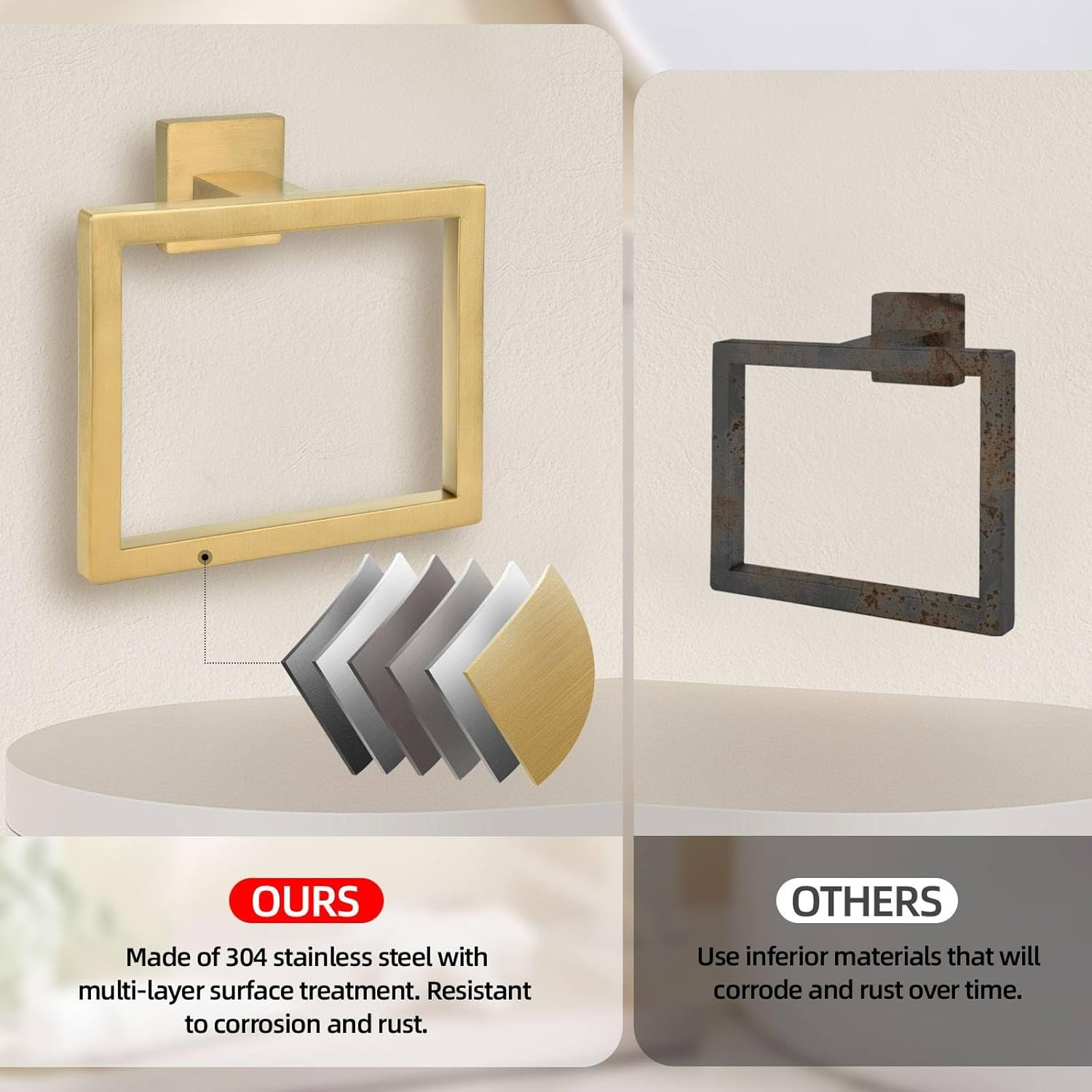 2-Piece Brushed Gold Towel Ring,Square Hand Towel Holder,Stainless Steel Modern Towel Holder Wall-Mounted Bathroom Towel Ring Towel Rack