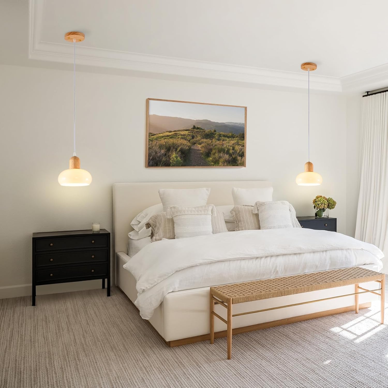 2-Pack Wooden Pendant Lights for Dining Room, Modern Farmhouse Chandelier with Milky White Glass Shade, Adjustable Hanging Light Fixture for Kitchen Island Bedroom Living Room