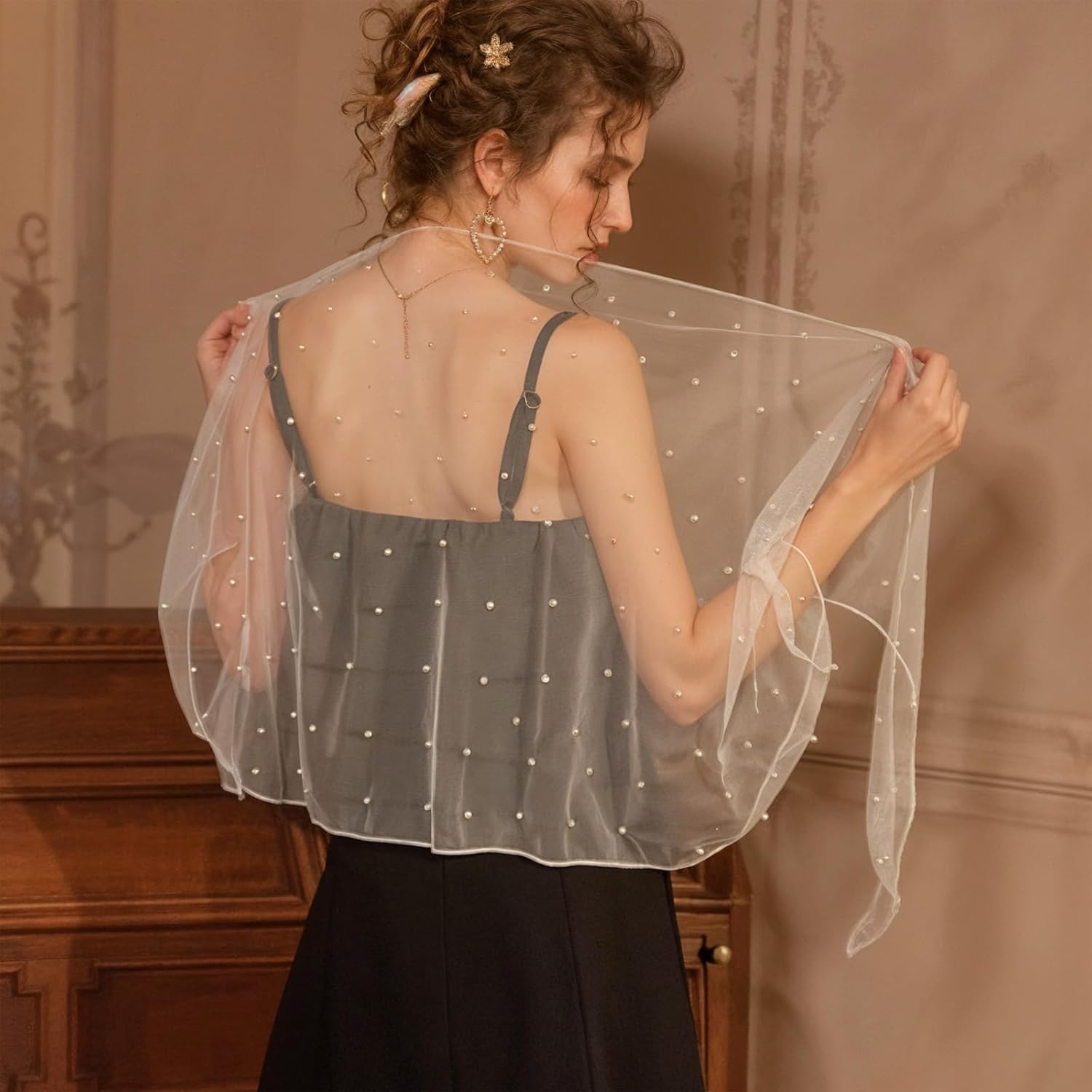 Pearl Sheer Shawl, White Pearl Shawl Soft Tulle Bridal Cape Wedding Scarf Lightweight Women Dress Topper for Evening Dresses Wedding, Formal Party - Image 6