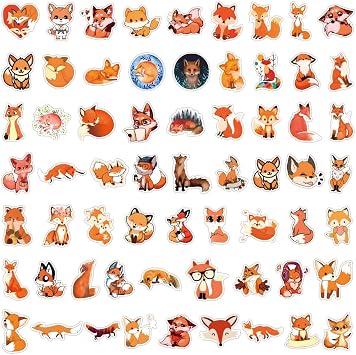 60PCS Cute Cunning Fox Stickers,Cartoon Animal Fox Waterproof Sticker for Laptop Water Bottles Bumper Skateboard Bike Scrapbook Car Phone Guitar Computer Luggage,Gifts Decals for Teens Kids