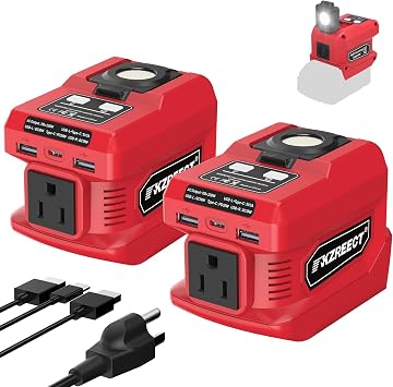 2 Pack Kzreect 220W Power Inverter Compatible with Milwaukee 18V Batteries Battery Not Included, DC to 110V AC Converter with 1 AC Outlet, USB-C, Dual USB-A & 400LM LED Camping, Emergency Use