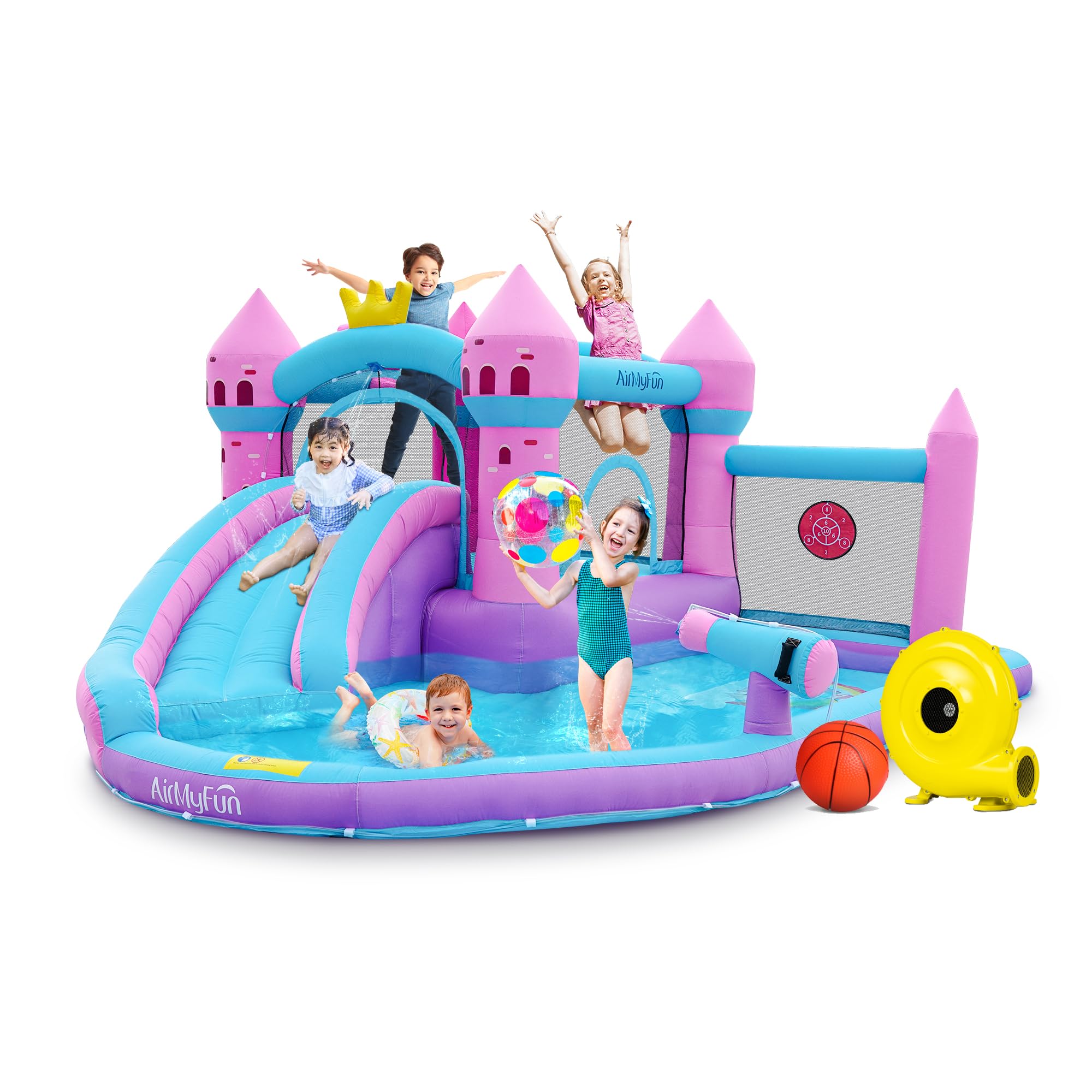 AirMyFun Pink Inflatable Waterslide, Water Bounce House for Big Kids 3-12 in The Backyard- Water Bouncy House for Wet and Dry, Splash Pool - Sturdy Outdoor Bouncer/Castle - Includes Blower& Repair Kit