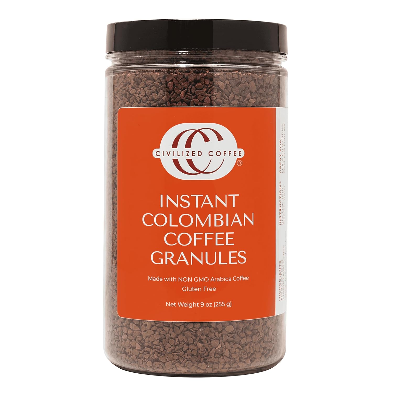 Civilized Coffee Instant Colombian Coffee Granules – Medium Roast Gourmet Coffee, Non-GMO, 9 oz Jar (100 Servings)