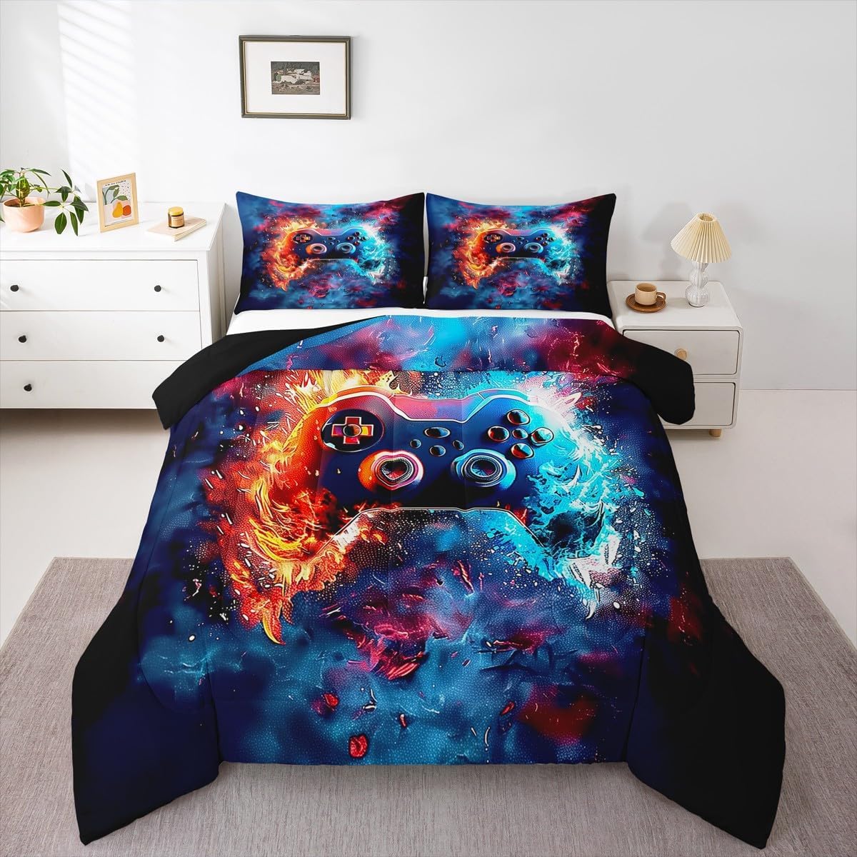 Erosebridal Game Console Queen Comforter Set Water and Fire Lightning Bedding for Boys Teen Blue Gamepad Bedding Comforter Sets Girls Kids Cool Video Game Duvet Insert Geometric Stripes Quilt