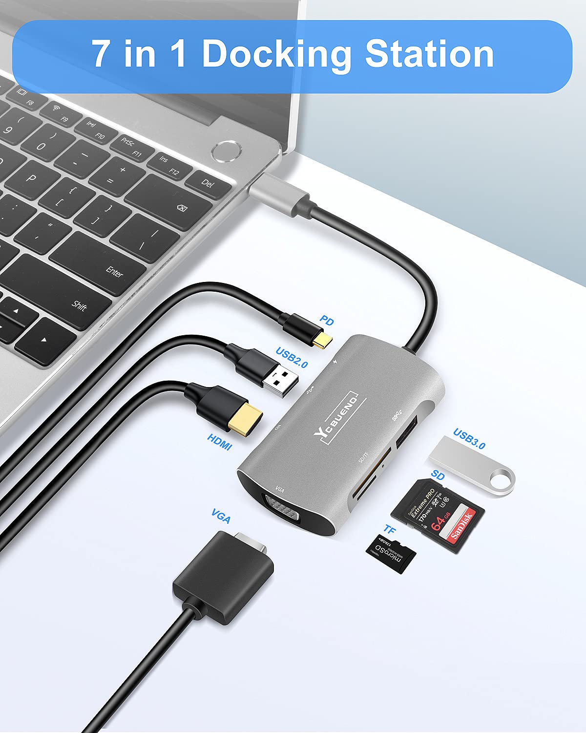 Docking station USB C 7 in 1 - triplo display, VGA 1080P, 2 USB 3.0, porta dati di tipo C, HDMI 4K, ricarica PD 100W, lettore di schede SD/TF, compatibile con Dell/HP/Lenovo, ecc