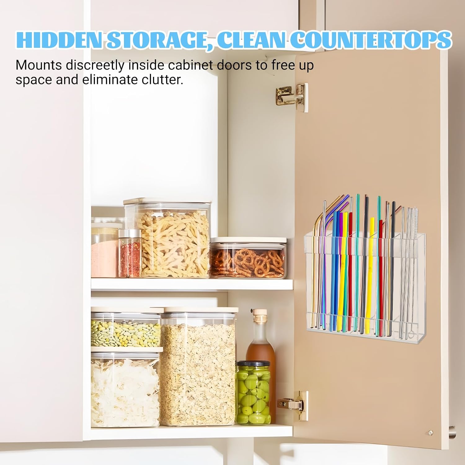 9.4” Large Acrylic Straw Holder, with Double Sided Adhesive Squares and Stickers, Reusable Straws Organizer Storage Dispenser, Kitchen Accessories Container, for Kitchen Counter Cupboard(Transparent)