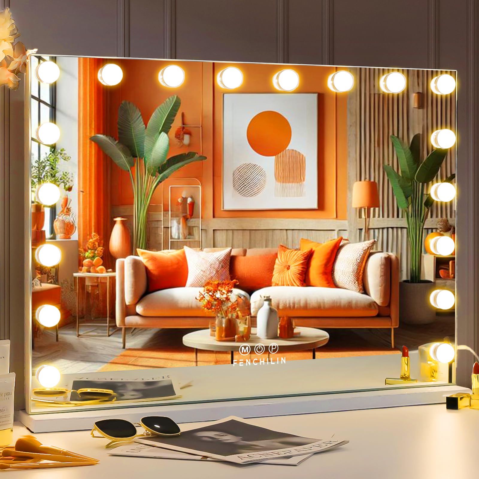 FENCHILIN Hollywood Mirror with Lights 18 LED Bulbs 80x58 cm USB Charing Port Vanity Makeup Mirror with Lights 3 Light Color 10X Magnifying Glass
