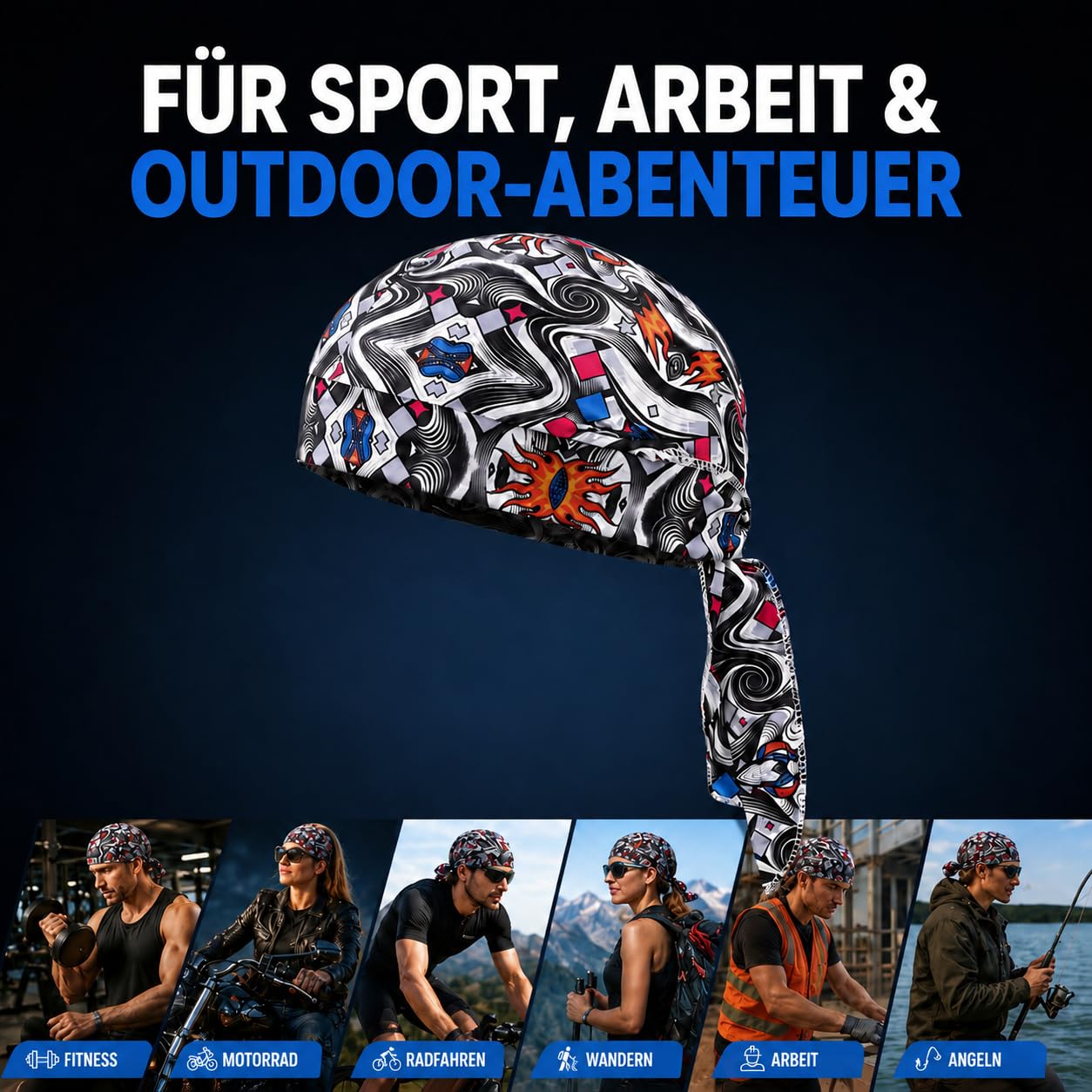 Generisch 5 Stück kühlendes Kopftuch Bandana, elastische Passform 55-60cm, schnelltrocknend und atmungsaktiv, praktisches Helm-Innenfutter, vielseitiger Kopfwickel für Sommer(
