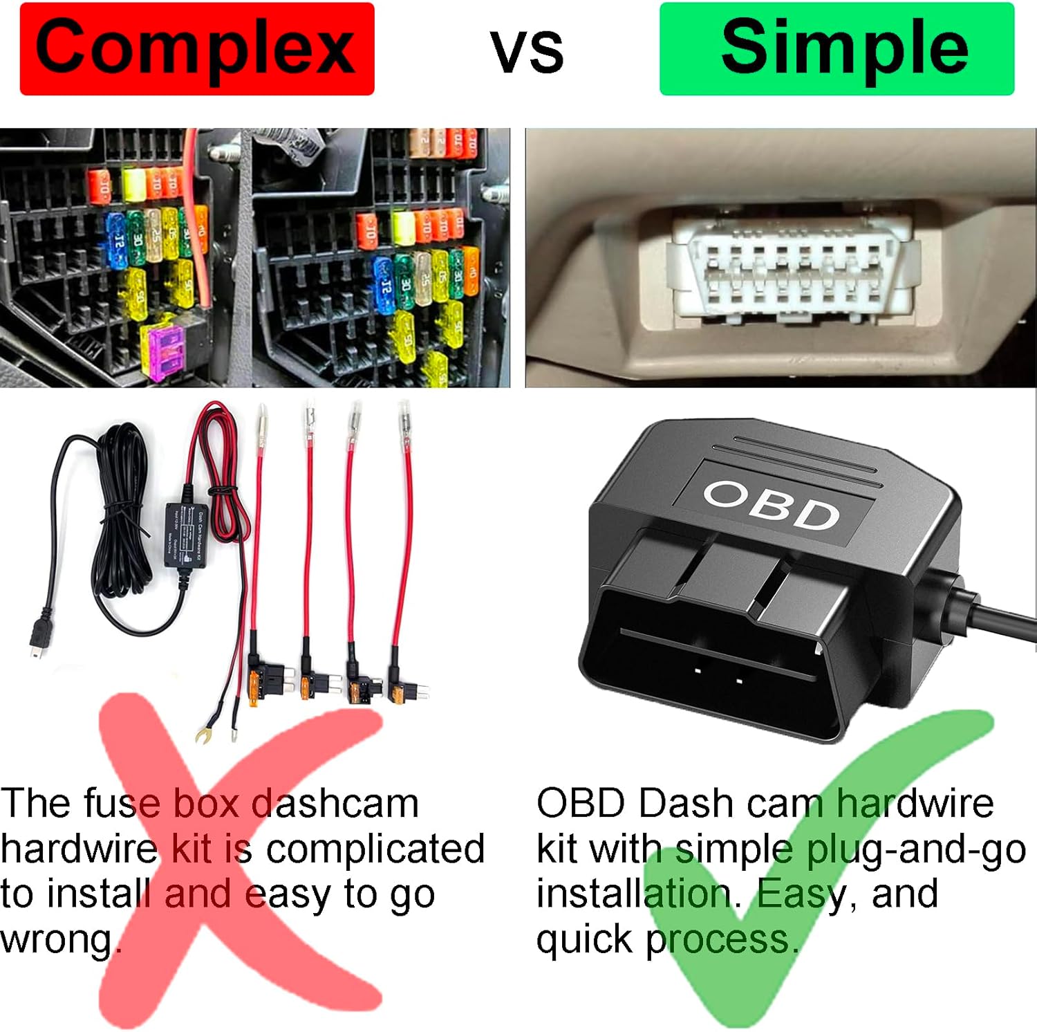 Dash Cam Hardwire Kit OBD, Dash Camera USB Type C Hardwire Kit OBD Power Charging Cable for Dashcam 12-24V to 5V/3A with Low Voltage Protection 24h Parking Mode Acc Mode for Dashcam, GPS or Radar