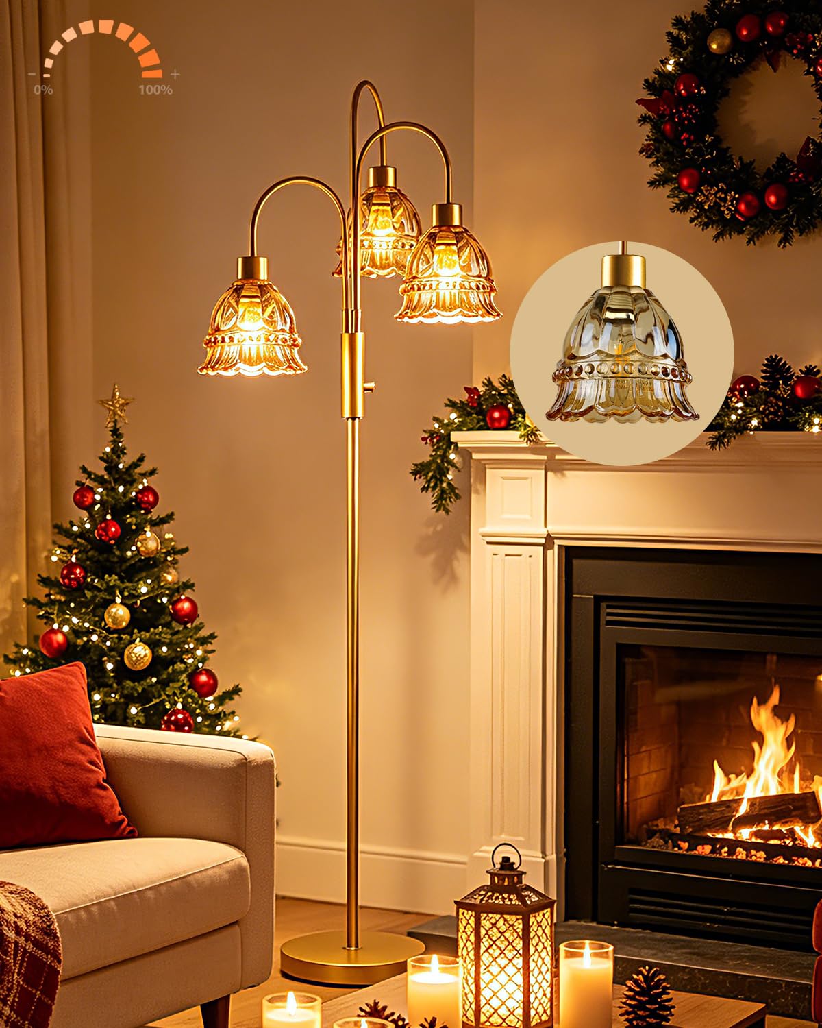 3-Light Glass Floor Lamp Amber Shade 70" Gold Dimmable Tall Standing Lamp