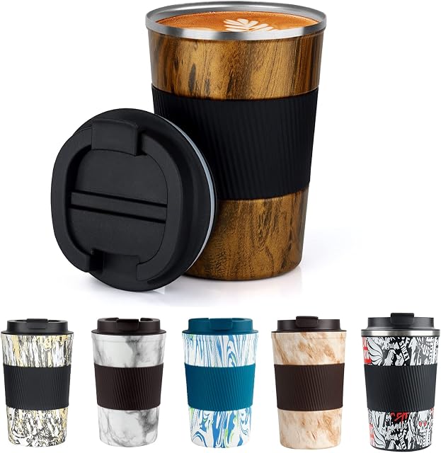 Tlater Travel Mugs, 380ml Insulated Coffee Cup with Leakproof Lids Reusable Travel Coffee Cups Coffee Travel Mug Double Walled Vacuum Stainless Steel Coffee Car Cup Thermal Mug for Hot Cold Drinks
