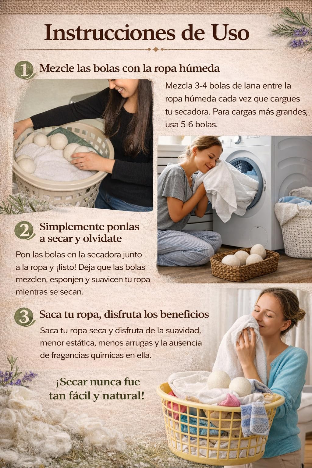 Ahorra 25% de Luz - Pack 6 Bolas de Lana para Secadora XL Yolascraft - 100% Lana Nueva Zelanda, Reutilizables y Suavizante Natural