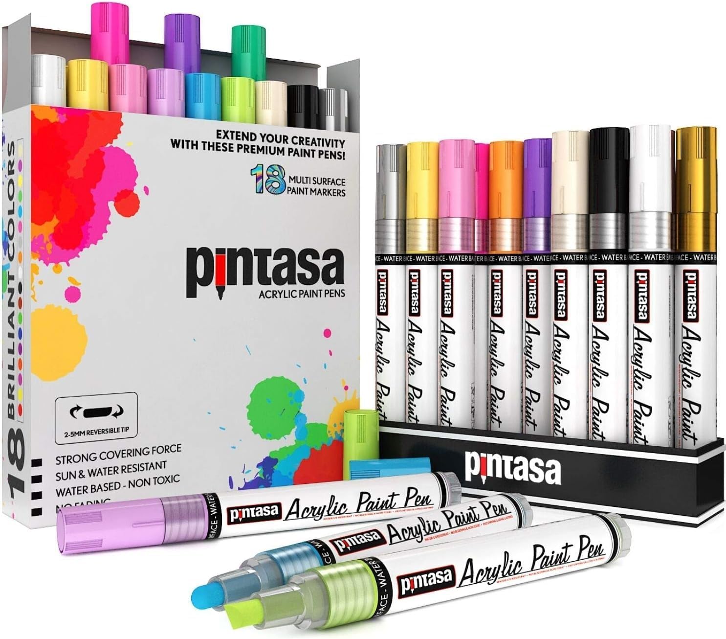 Acrylic Paint Pens, Dual Tip, Multicolor, Waterproof, Quick-Dry, for Multiple Surfaces, Art, Rock Painting (18 Multicolors, 2mm & Above, Millimeters)