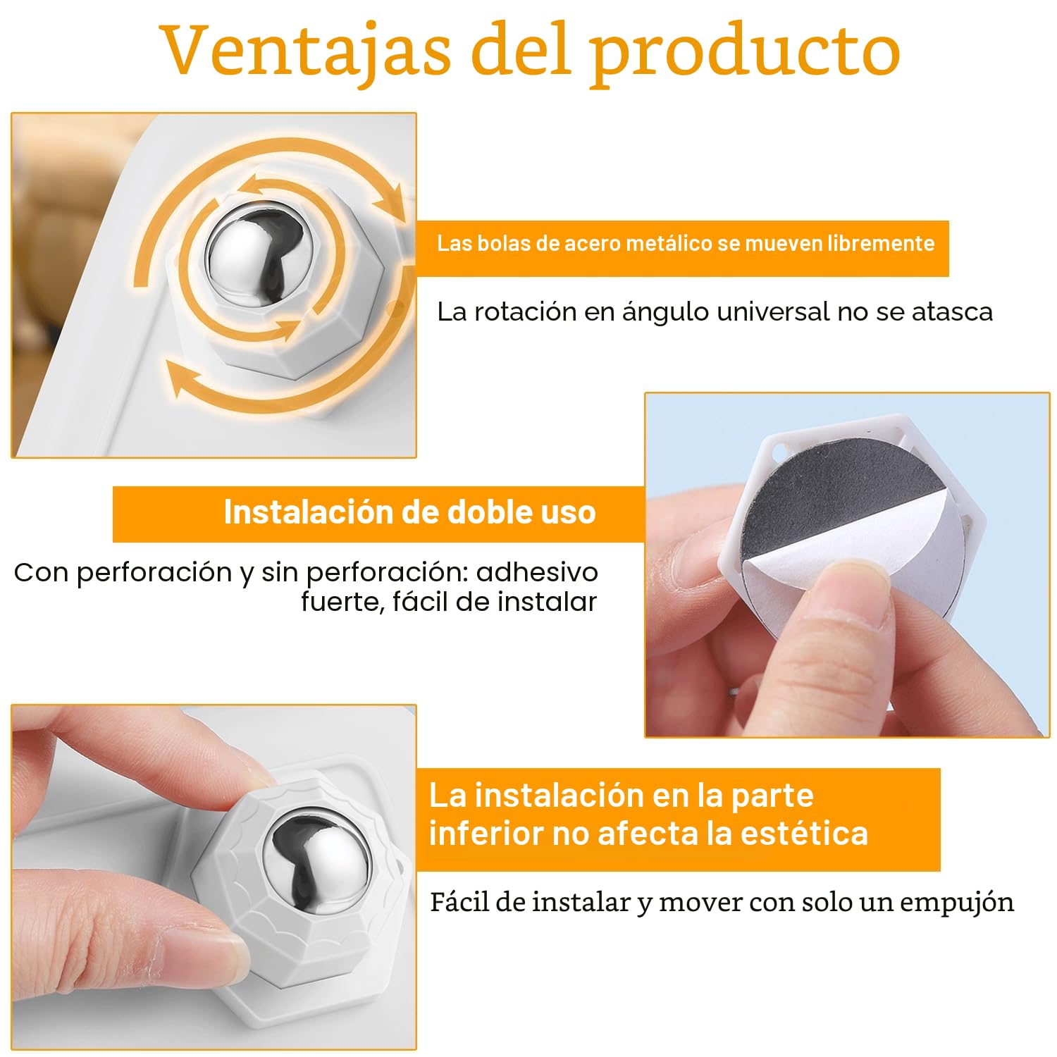 Juego de 12 Ruedas Giratorias Adhesivas para Muebles Pesados, Acero Inoxidable, Mini Ruedas para Electrodomésticos, Mesas y Sillas
