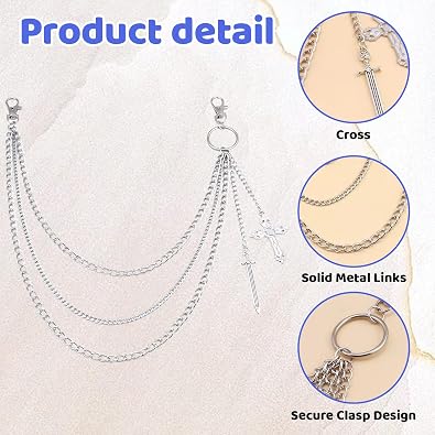 Wallet Chain Jean Chains for Men Women, Silver Cross Pants Chain Jean Accessory, Metal Pocket Jewelry for Denim, Punk Style, 1PCS