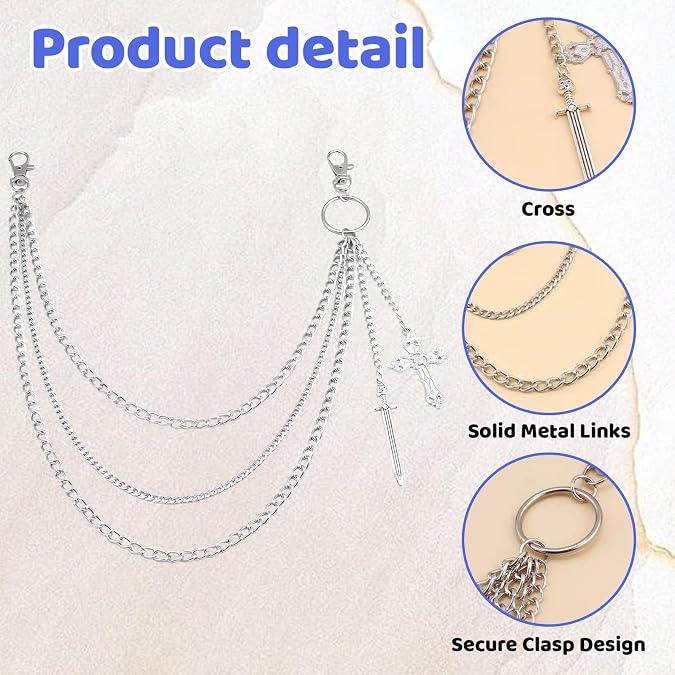 Wallet Chain Jean Chains for Men Women, Silver Cross Pants Chain Jean Accessory, Metal Pocket Jewelry for Denim, Punk Style, 1PCS