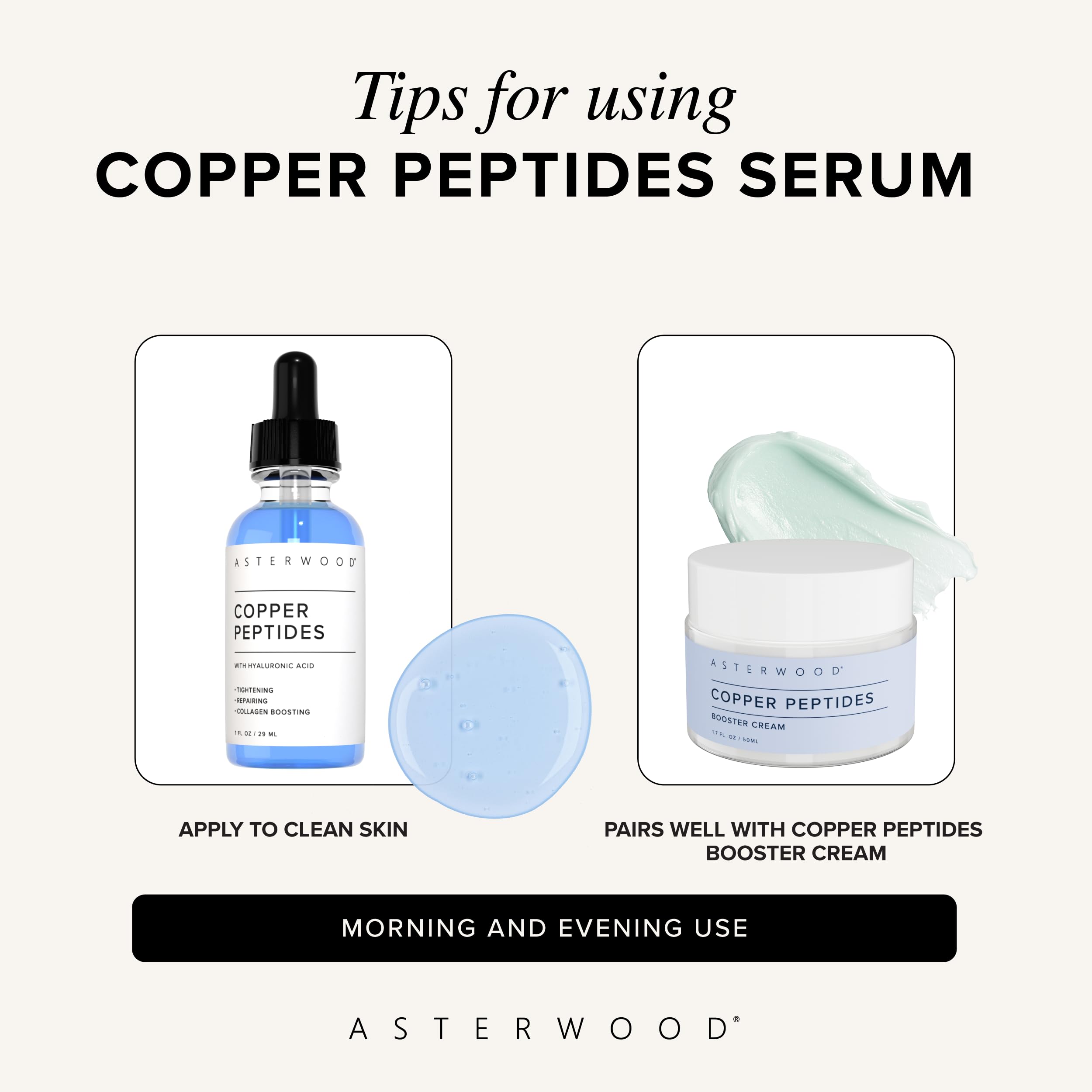 Asterwood Suero facial de péptidos de cobre, reafirma, repara y estimula el colágeno con Ghk-Cu y ácido hialurónico, 2 onzas