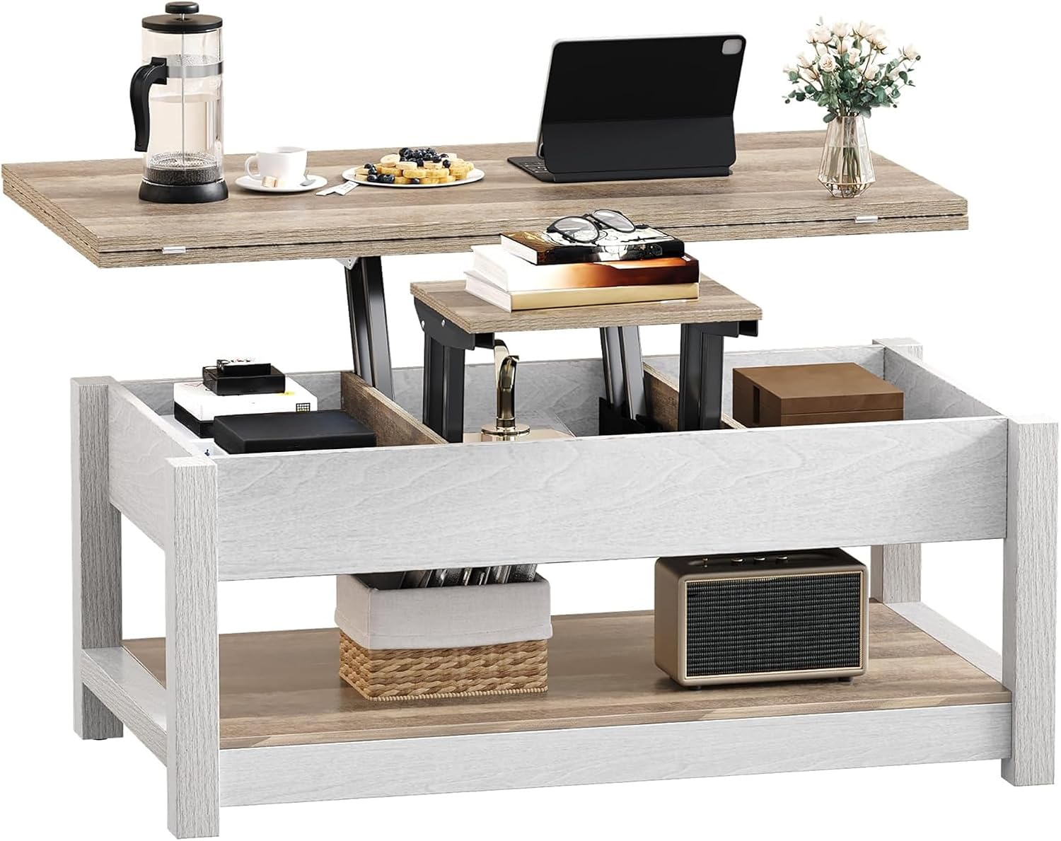 DWVO Lift Top Coffee Tables for Living Room, 3 in 1 Multi-Function Farmhouse Coffee Table with Storage, Wood Coffee Table Center Table with Hidden Compartment, Grey Wash