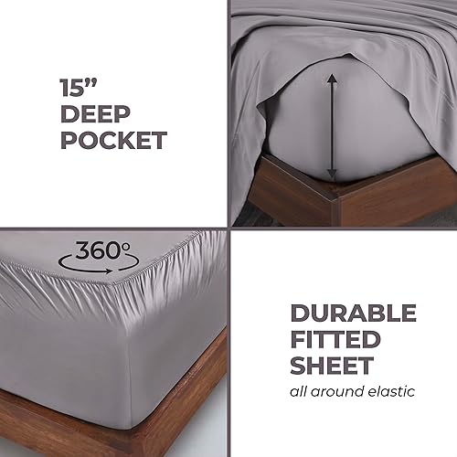 Miniatura 6 de Superior Juego de sábanas de 300 hilos, 100 % de sólido modal, Algodón, gris, Completo
