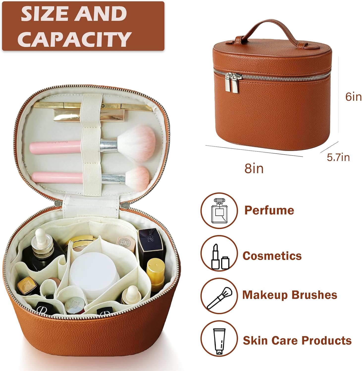 Leather Makeup Bag, Waterproof Vanity Bag with Removable Washable Compartments, Elastic Brush Straps, Dual Zipper & Carry Handle, Brown - Image 2