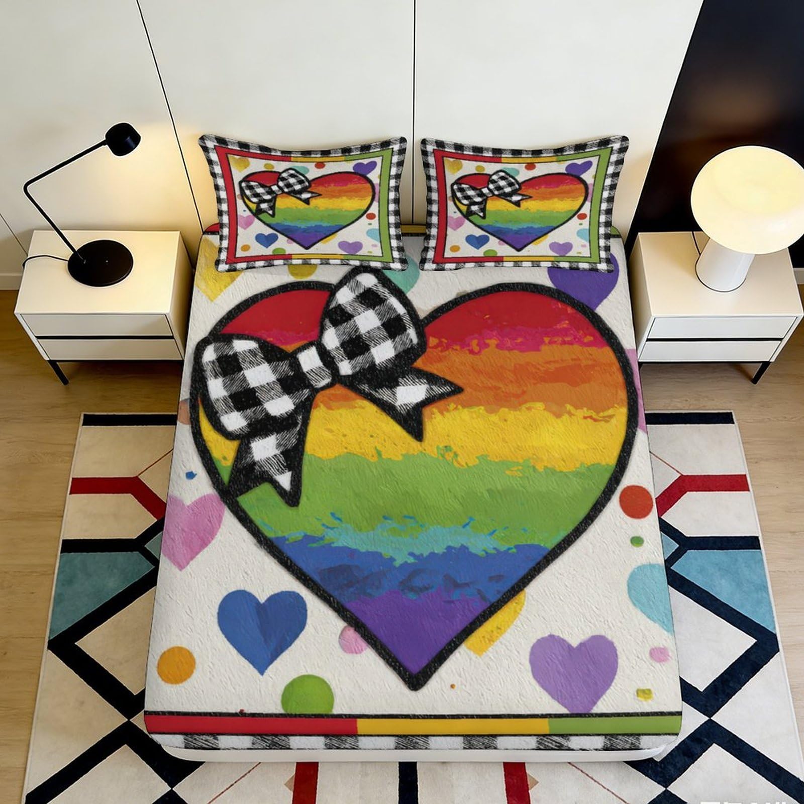 3D Printed Rainbow Heart Fitted Sheet Microfiber Non-Slip Deep Pocket Colorful Heart Mattress Fitted Cover for Bedroom 140x200x25cm