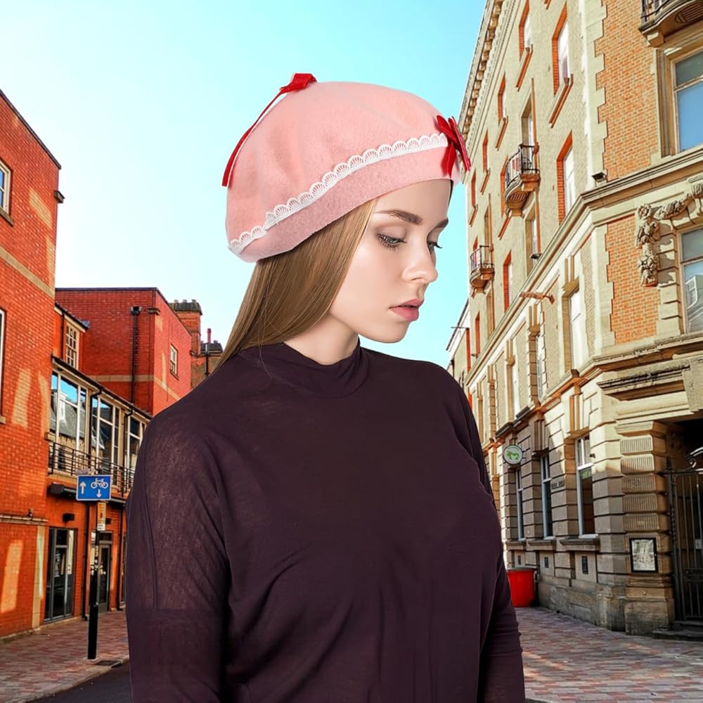 Berets Strawberry Bow Woolen Beret Hat Wool Cap Pink