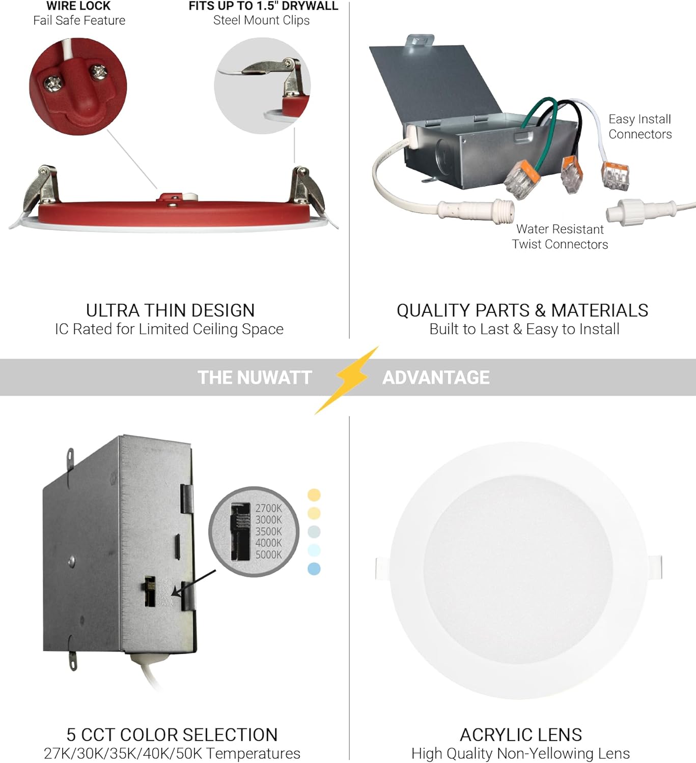 NUWATT 12 Pack 6 Inch 2 Hour FIRE Rated LED Recessed Lighting, 2700K/3000K/3500K/4000K/5000K Selectable, 1200 Lumens Dimmable, Wet & IC Rated Ultra Thin Canless LED Wafer Lights, No Fire Cone Needed - Image 6