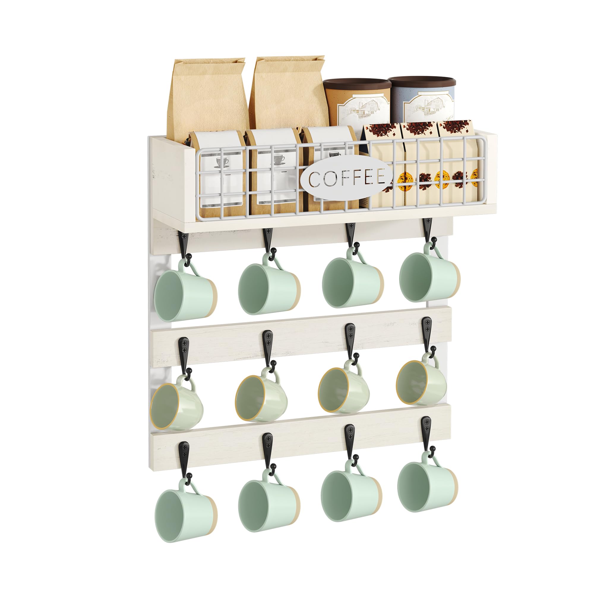 YITAHOME Wall-Mounted Mug Holder with 12 Hooks, Metal Storage Shelf with Guardrail, White Cup Organizer for Kitchen, Dining Room, and Coffee Bar