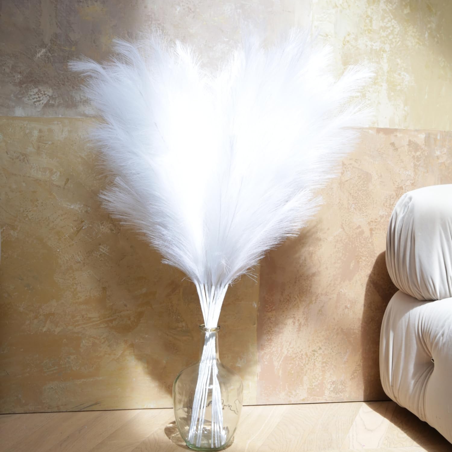 Faux Pampas Grass Tall, 9 PCS 43''/ 110 cm Large Fluffy White Pampas Grass, Fake Pompas Branches, Long Feathers for Floor Vase, Boho Flower Arrangement for Home Wedding Decor (White)