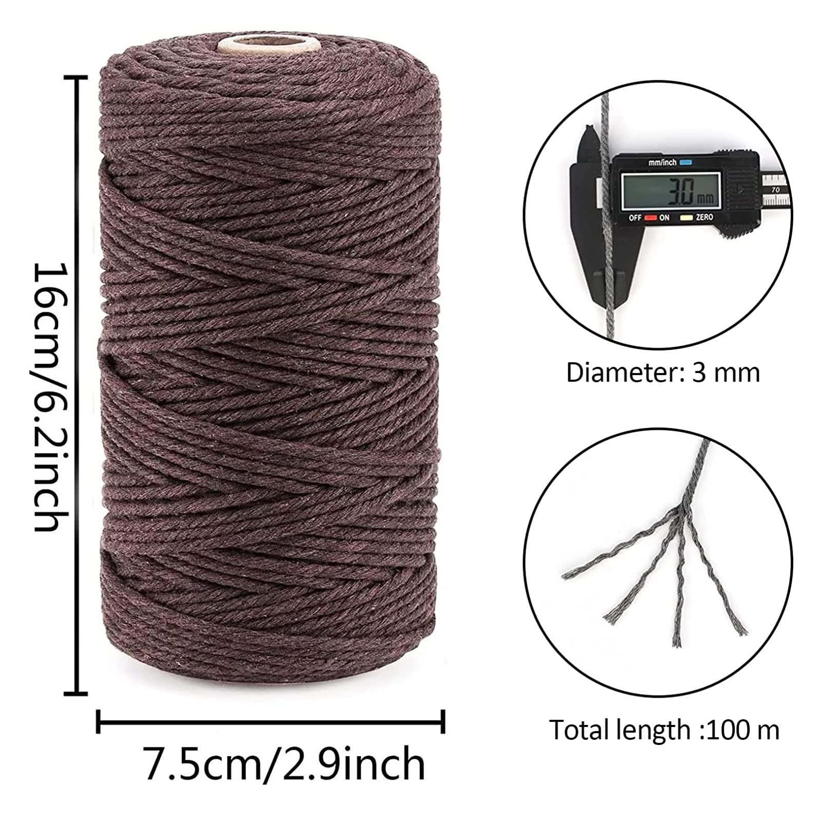 3 Piezas Hilo Para Macrame, Hilo De Algodon(3 Mm X 100 M), 100% Cuerda De Macramé De Algodón