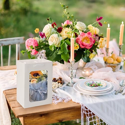 Miniatura 5 de EUSOAR Bolsa de regalo con ventana, 50 bolsas de papel kraft blanco de 7 x 5.12 x 9.84 pulgadas con ventana transparente, bolsas de regalo