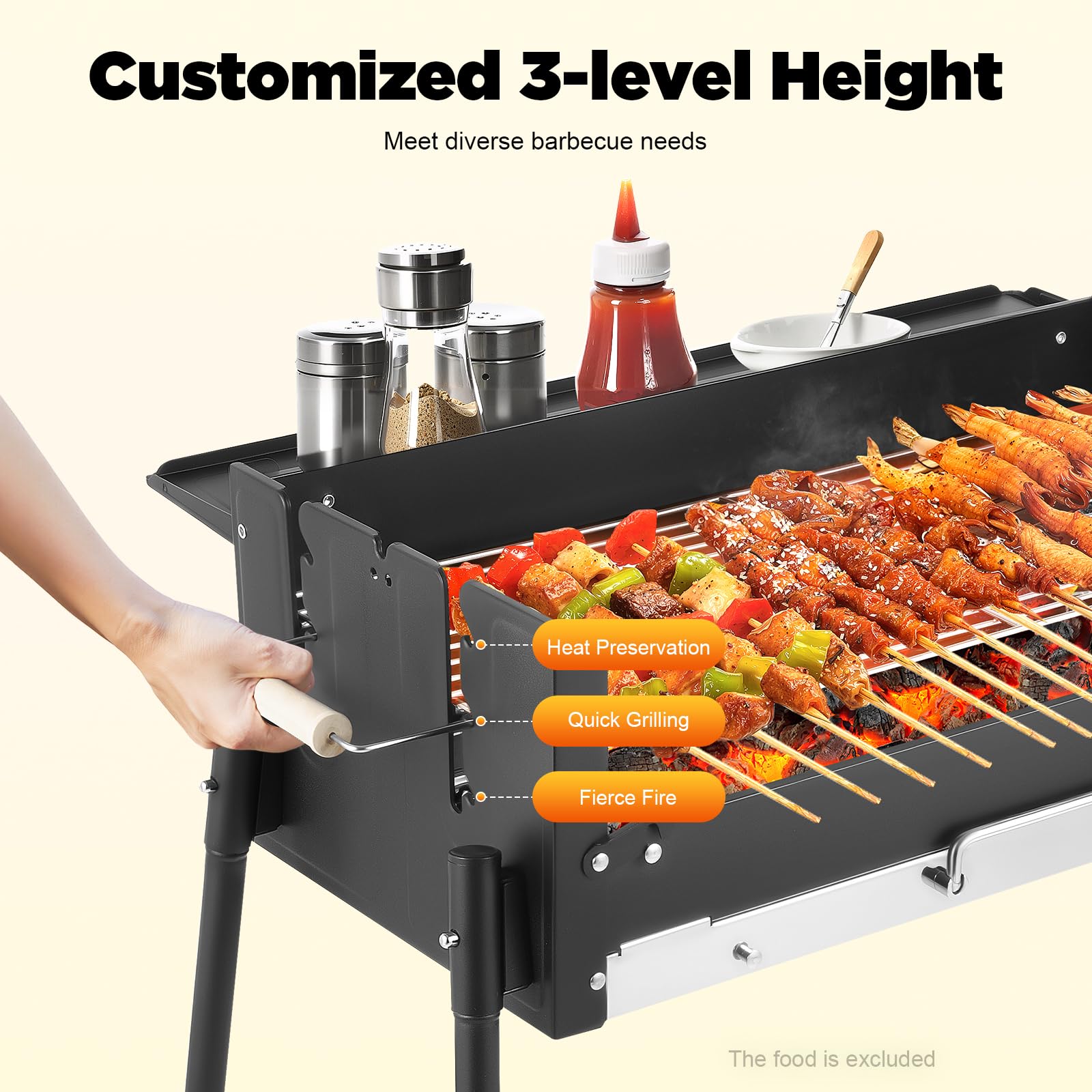 Grill na kółkach na węgiel drzewny z żeliwnym rusztem, ruszt do grillowania ze stali nierdzewnej, składany i przenośny, ochrona przed wiatrem z regulacją wysokości rusztu