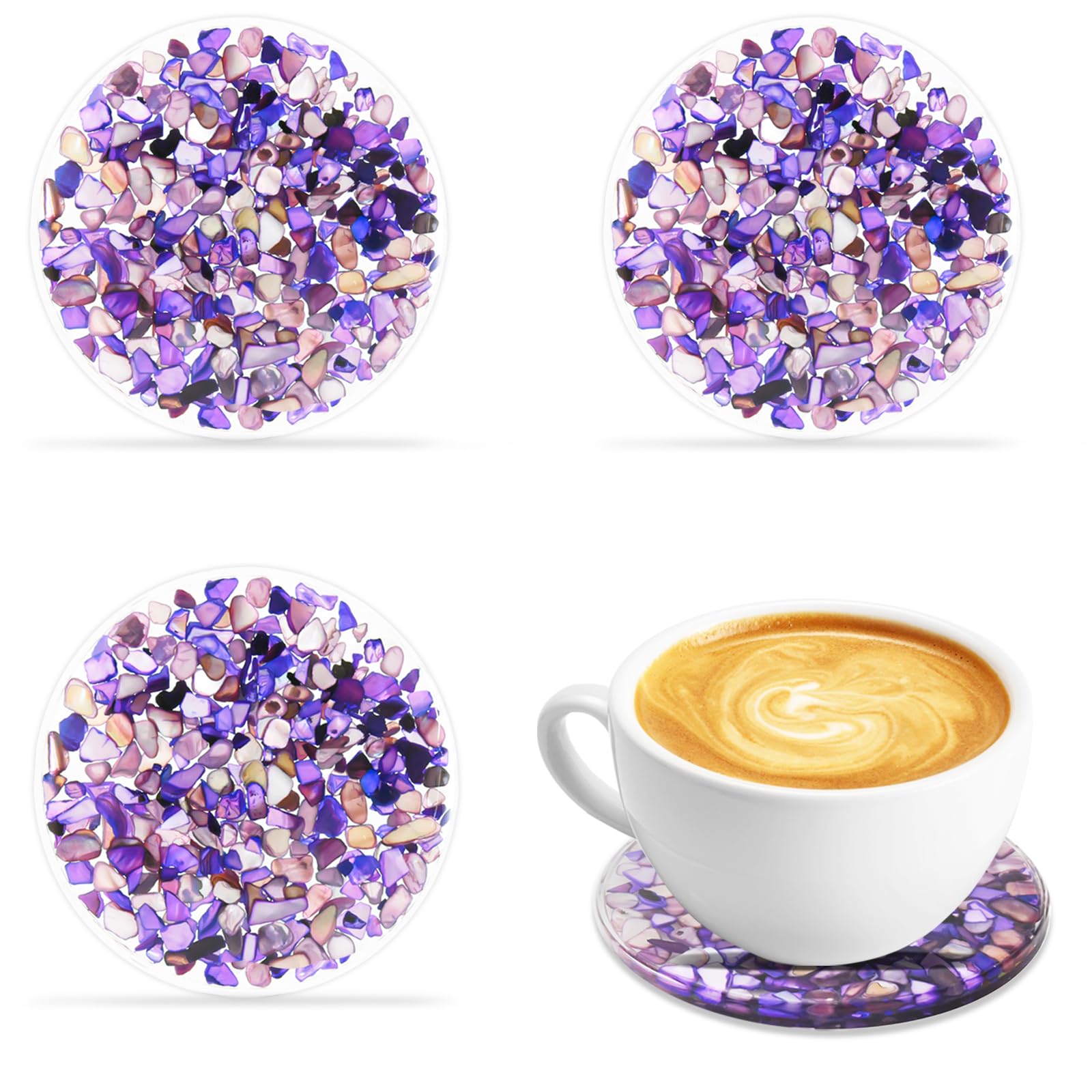 Drinks Coasters Resin Cup Mat: 4 pcs Coaster with Seashells for Table Desktop Counter (4, Purple)