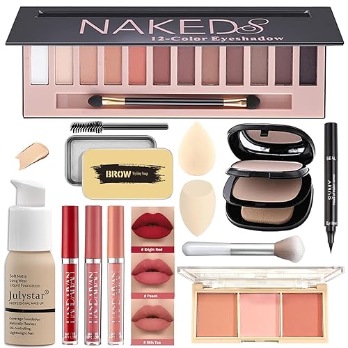Qiong All in One Makeup Kit Full 12 Colors Naked Eyeshadow,2 Color Compact Powder,Liquid Foundation,Lipsticks, Blush,Eyebrow Soap,Winged Eyeliner Stamp,Makeup Gift Set for Women, Teens & Girls(Naked) - 12-Pink