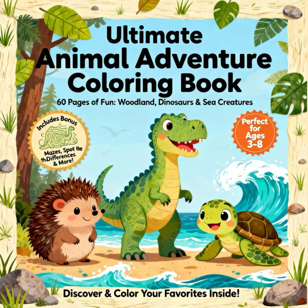 Animals, Dinosaurs & Ocean Friends Coloring Adventure: 60 Pages of Fun + Bonus Mazes & Spot‑the‑Difference for Kids Ages 3–8.
