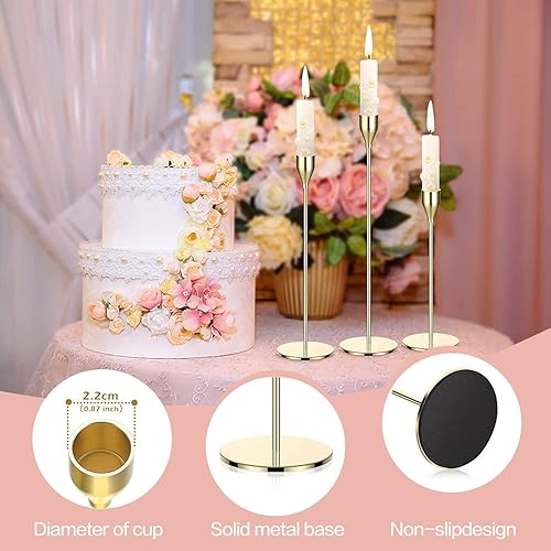 Miniatura 3 de Juego de 3 portavelas doradas para velas cónicas tamaño de 13 pulgadas 11 pulgadas 9 pulgadas portavelas decorativas de mesa para San Valentín