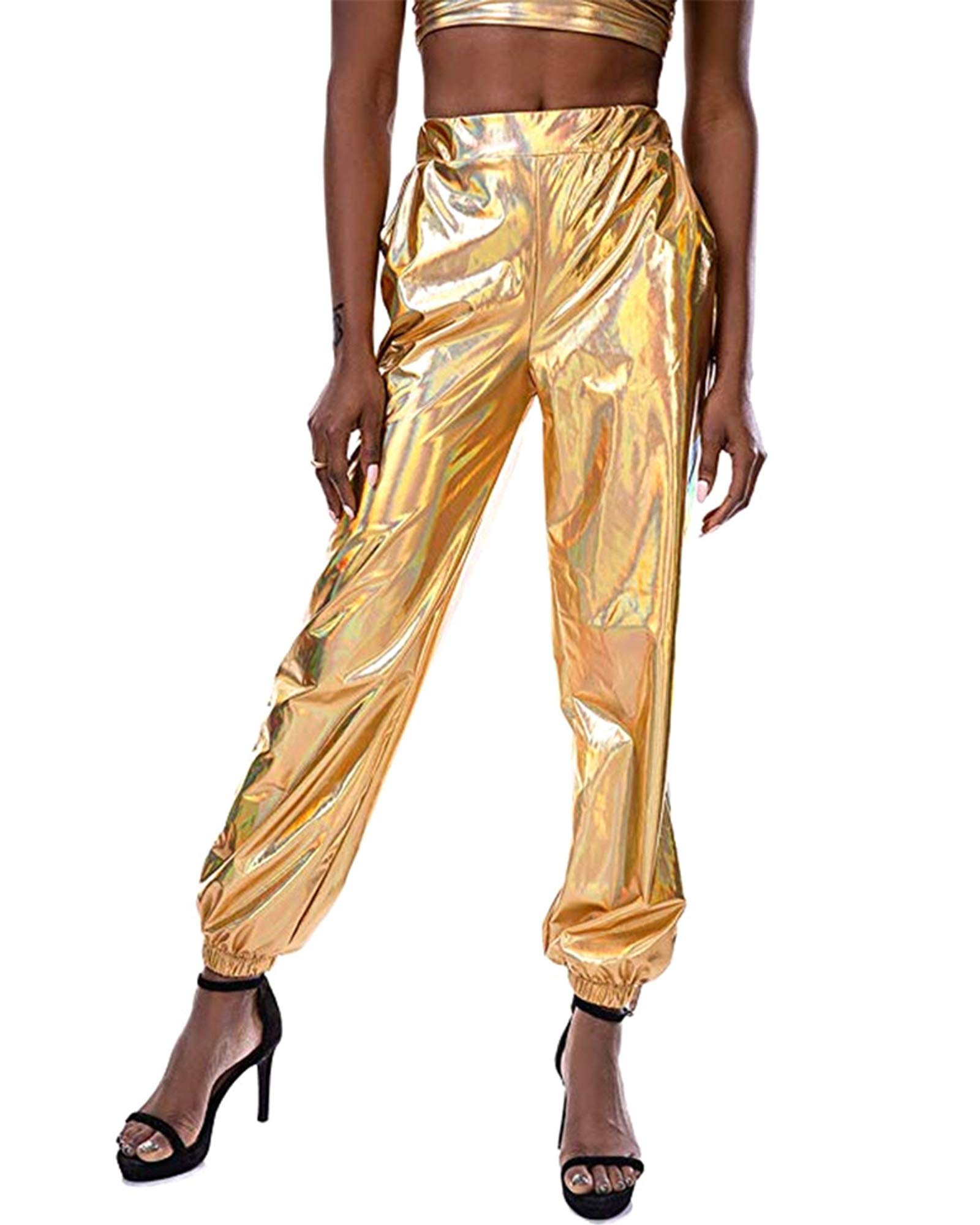 Springcmy Women's Metallic Shinny Pants Casual Holographic Jogger Sweatpants Punk Hip Hop Trousers Streetwear