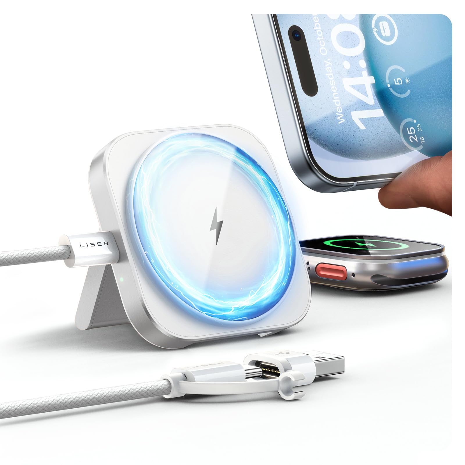 LISEN Caricatore Wireless per iPhone [Super Portatile]Stazione Ricarica per Apple Watch Airpods,Caricatore Magsafe Apple Viaggi Accessori per iPhone Stand Magsafe Adatto per iPhone 16 15 Serie,bianca