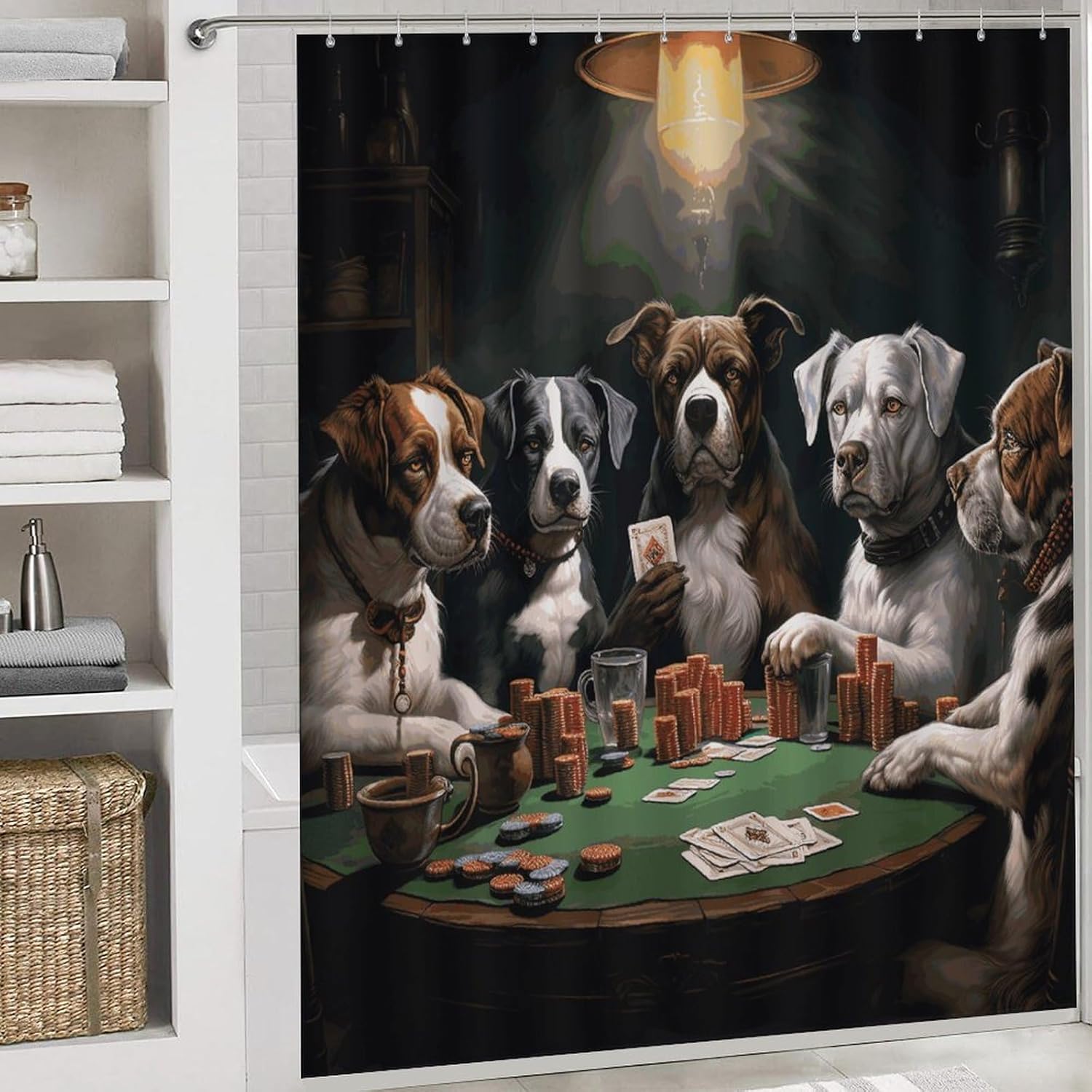 Playing Poker Dogs Shower Curtain Set 4 Piece, Non-Slip Bath Mat with Toilet Lid Cover and Waterproof Shower Curtain with 12 Hooks, Complete Bathroom Set for Home Decor
