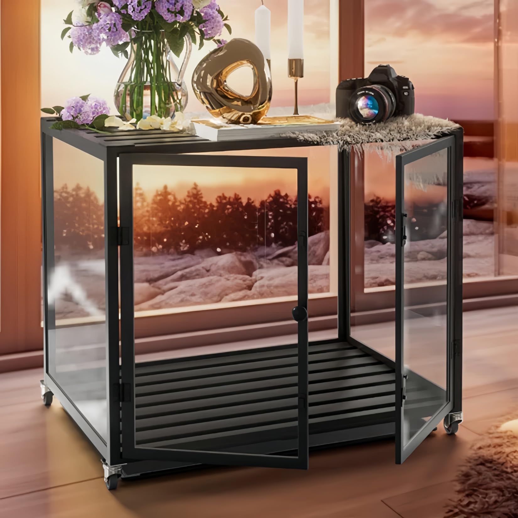 BingoPaw Hundekäfig Möbel Hundebox Indoor: Hundeboxen im Möbelstil aus Aluminium und gehärtetem Glas, Modern Hundehaus für kleine Hunde bis 50kg, M: 76x58.5x66.5 cm, schwarz