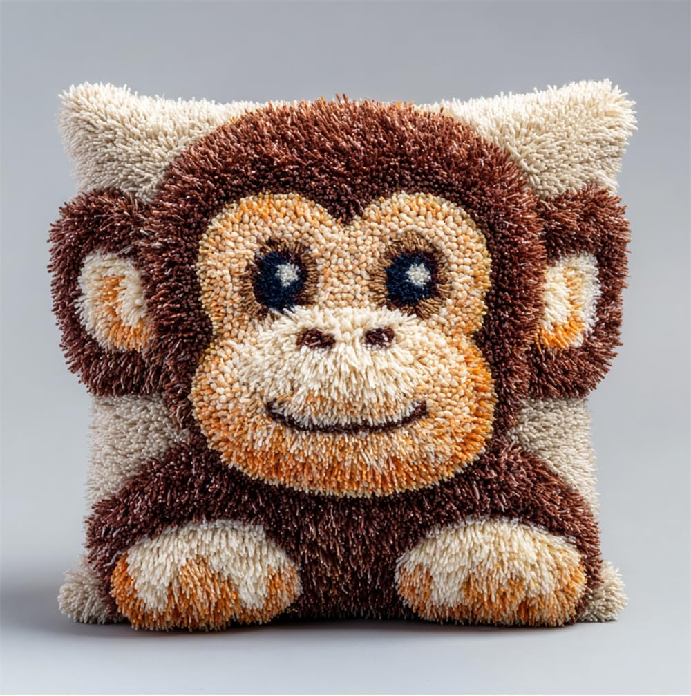 Rqwybcaxn Latch Hook Kit for Adults, Pillow Case Kits, Cute Monkey DIY Latch Hook Cushion Kits 17X17Inch, Cross Stitch Embroidery Kits Home Decor
