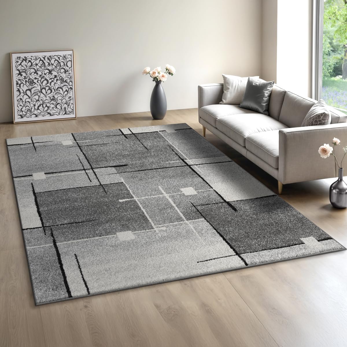 Mia´s Teppiche Modena - Moderner Kurzflor Teppich, Wohnzimmer & Schlafzimmer, weich & pflegeleicht, geometrische Muster, Kariert, Grau, 140 x 200 cm