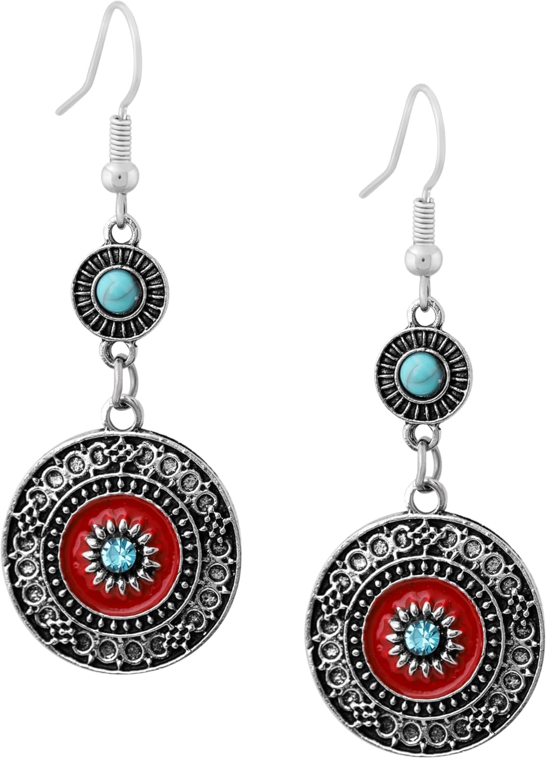 MINACHI Bohemian Vintage Style Geometric Blue and Red Dangle Earrings, Ethnic Jewelry for Women